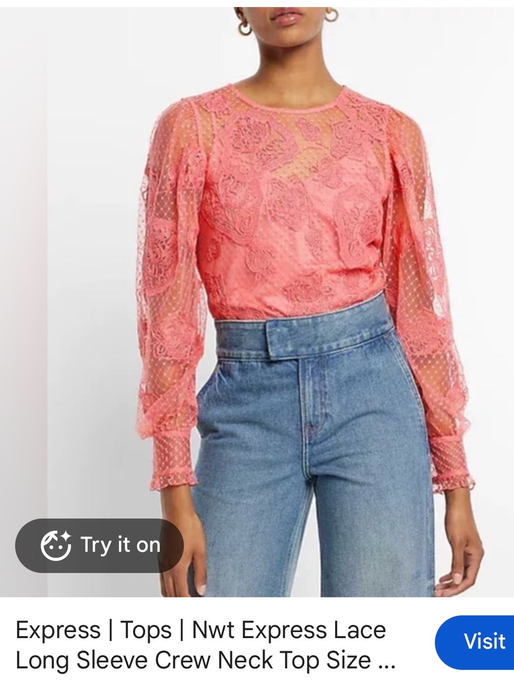 Express Coral Lace Long Sleeve Crewneck Blouse